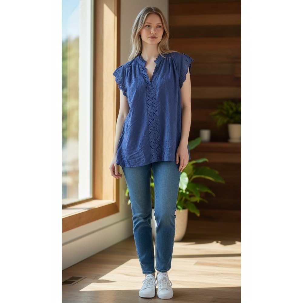 Flower & Feather 2XL Blue Eyelet Blouse Flutter Sleeve Boho Rayon Tunic Top